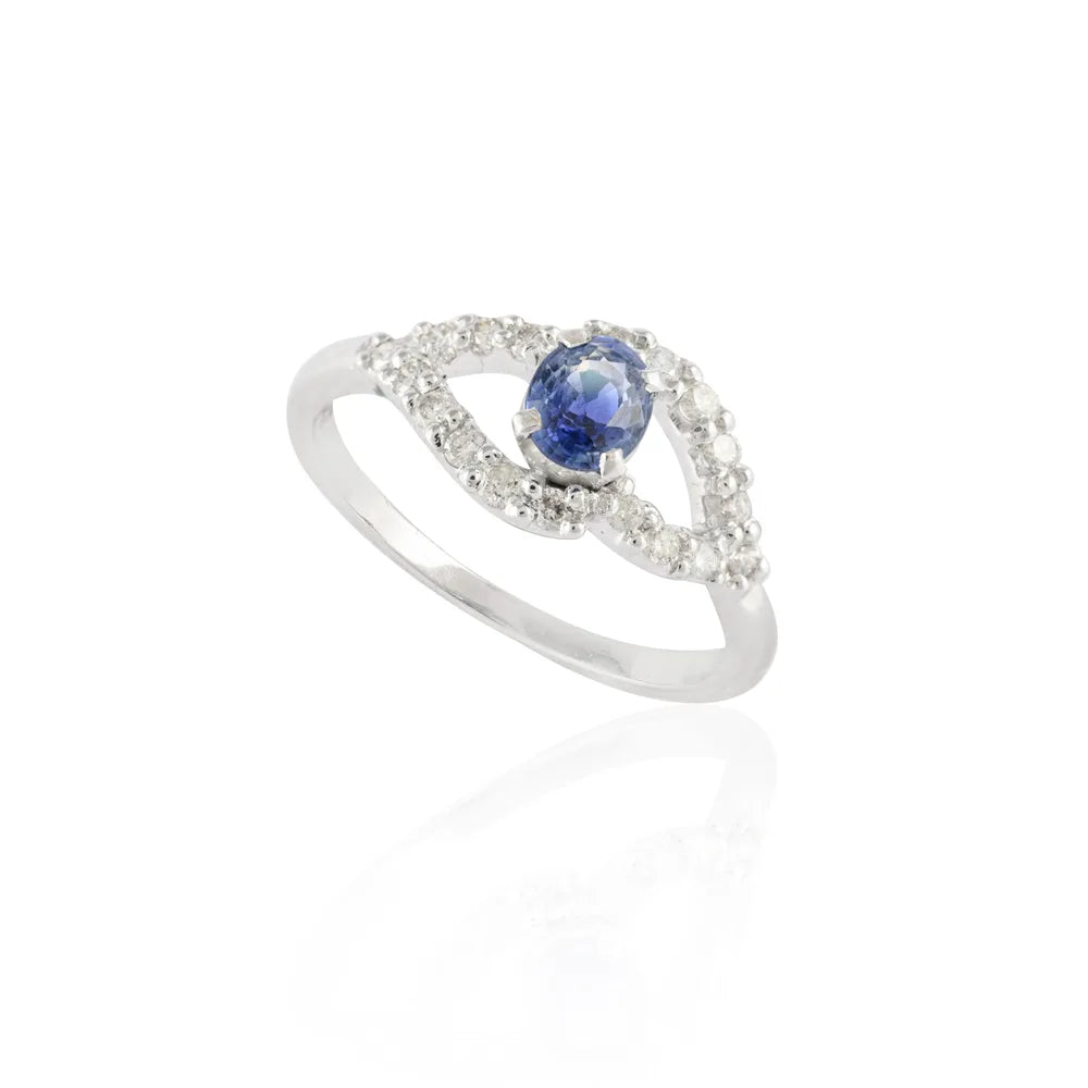 Natural Precious Stone Blue Sapphire & Diamond 14K Solid White Gold Gemstone Ring