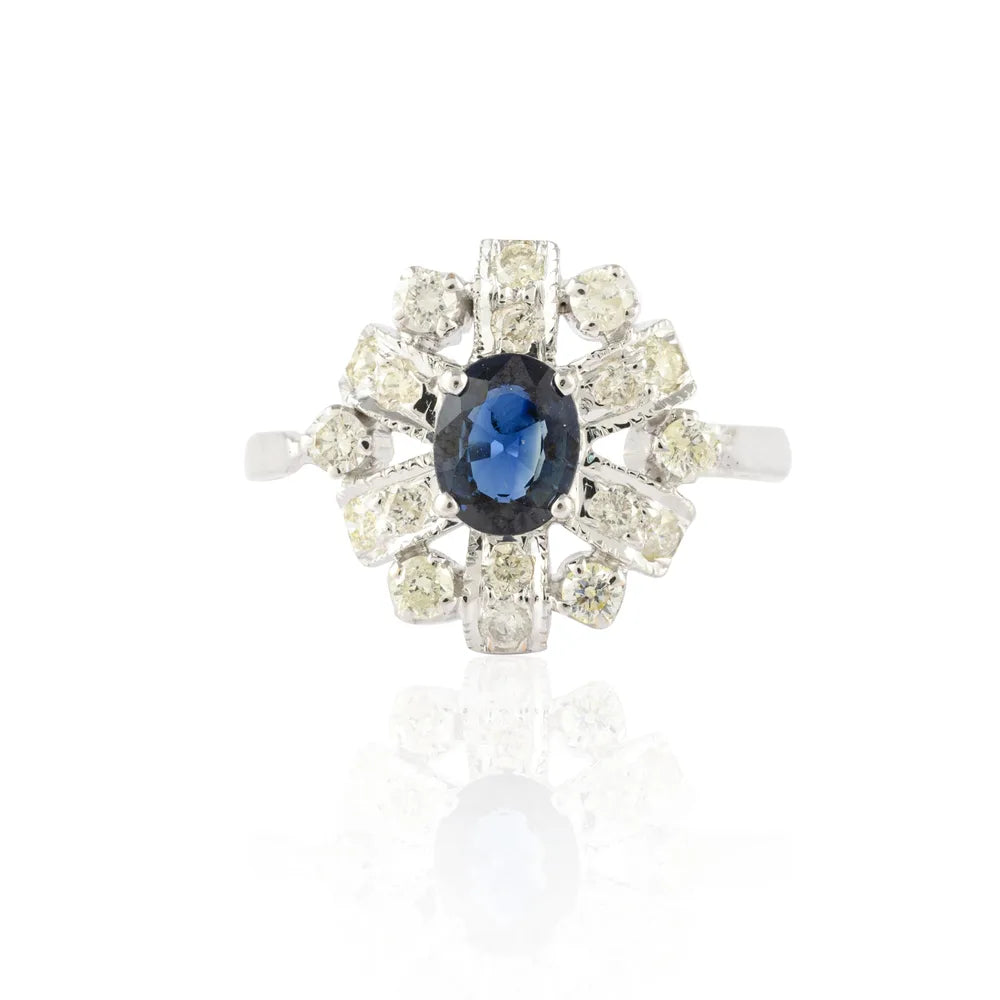 Natural Precious Gemstone Natural Blue Sapphire 14K Fine White Gold Flower Designs Ring
