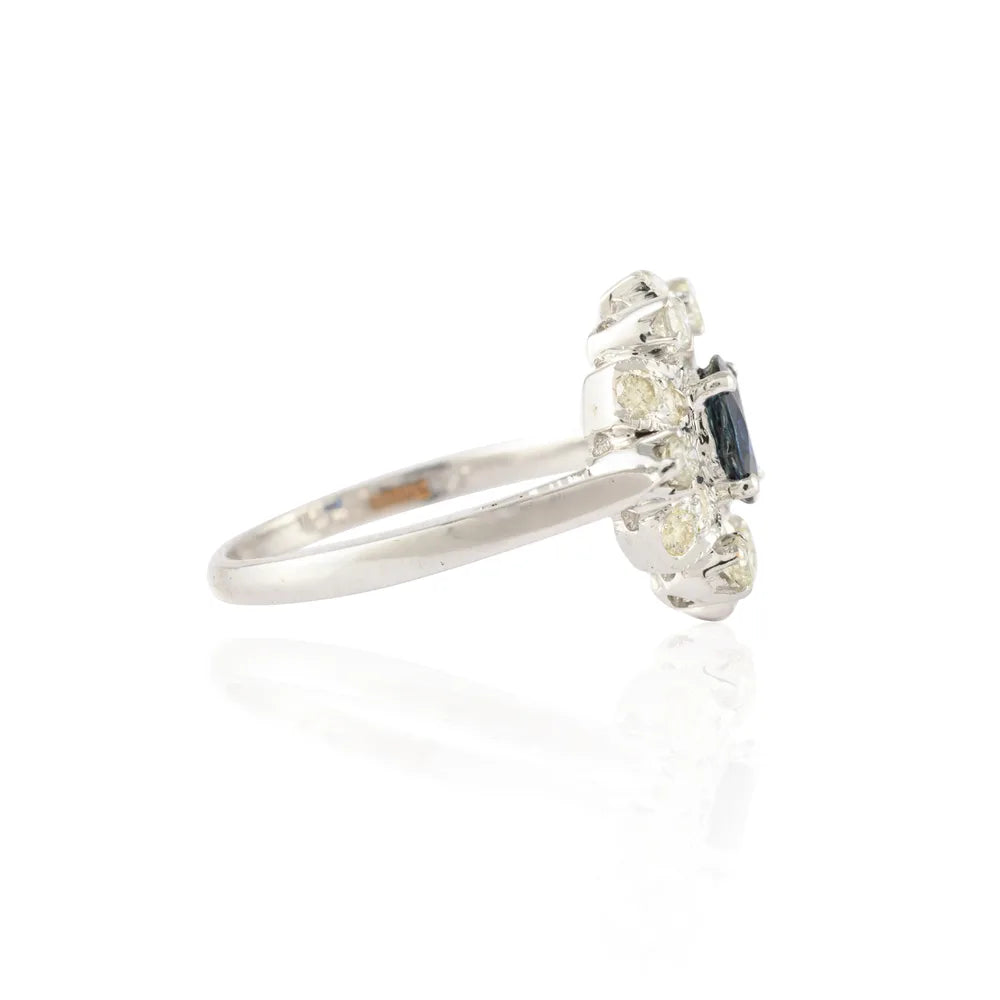 Natural Precious Gemstone Natural Blue Sapphire 14K Fine White Gold Flower Designs Ring