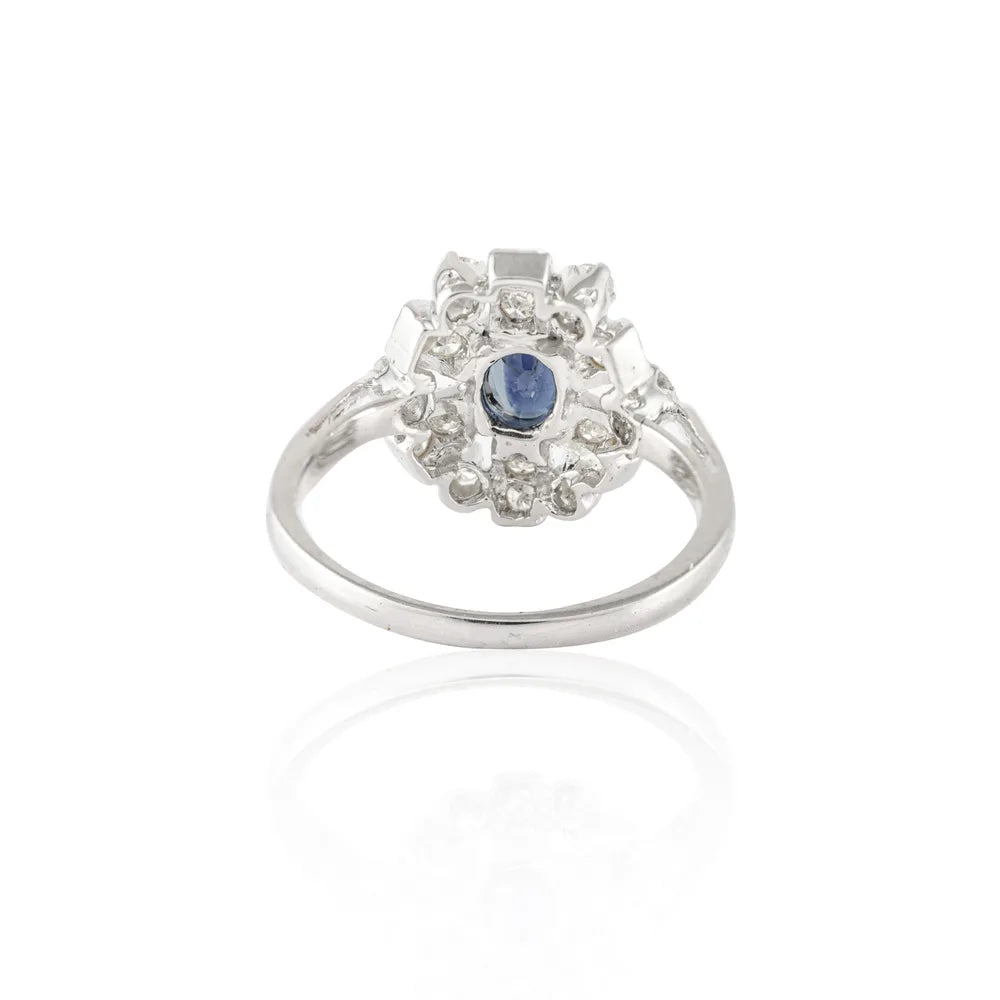 Natural Precious Gemstone Natural Blue Sapphire 14K Fine White Gold Flower Designs Ring
