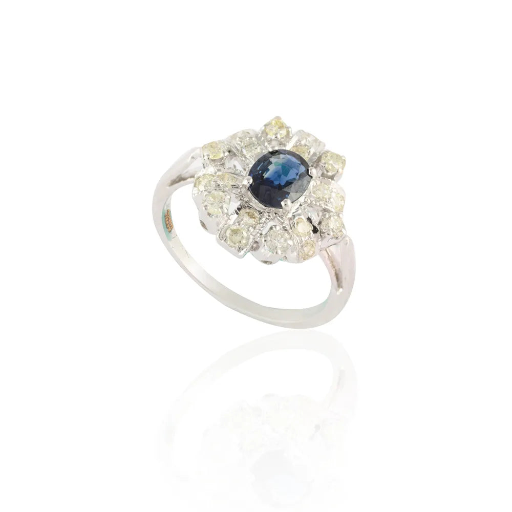 Natural Precious Gemstone Natural Blue Sapphire 14K Fine White Gold Flower Designs Ring