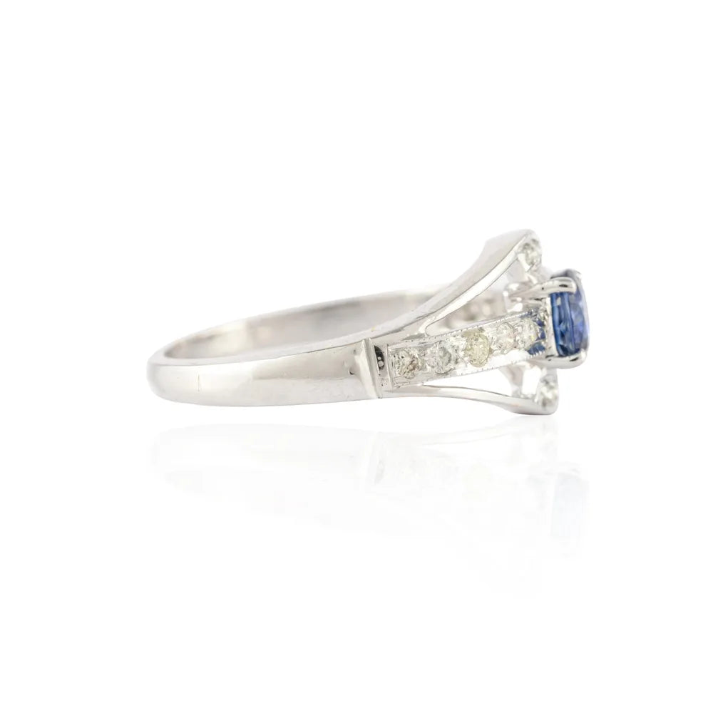 Handcrafted 14K White Gold Natural Elegant Blue Sapphire & Diamond Ring