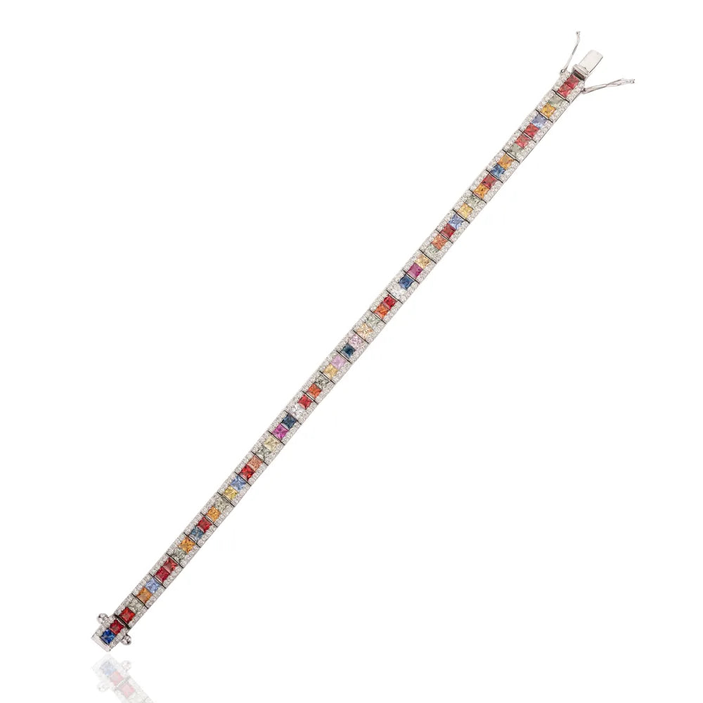 100% Natural Multi Stone & Diamond 18K White Gold Tennis Bracelet