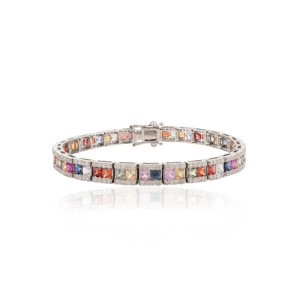 100% Natural Multi Stone & Diamond 18K White Gold Tennis Bracelet