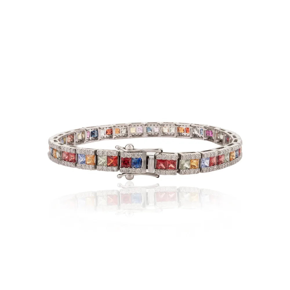 100% Natural Multi Stone & Diamond 18K White Gold Tennis Bracelet