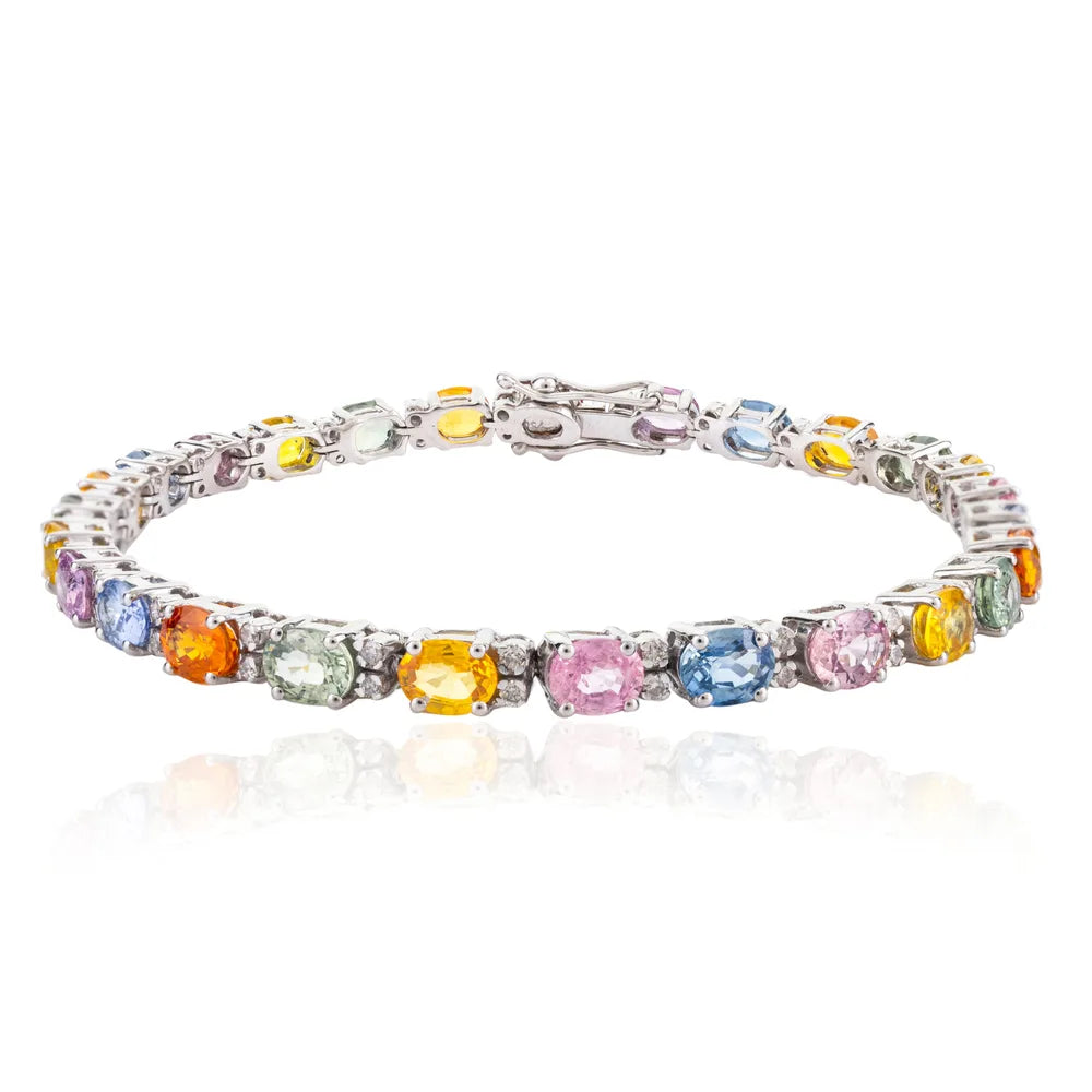 100% Natural Multi Gemstone & Diamond 18K White Gold Tennis Bracelet