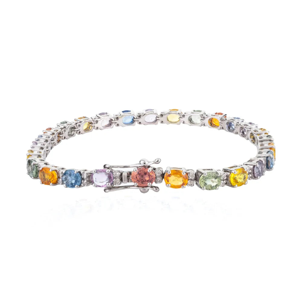 100% Natural Multi Gemstone & Diamond 18K White Gold Tennis Bracelet