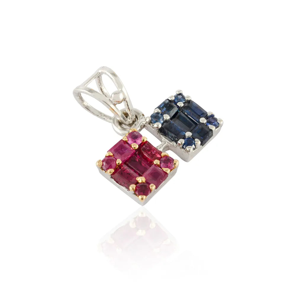Handmade Jewelry Natural Ruby & Blue Sapphire 14K Solid White Gold Pendant