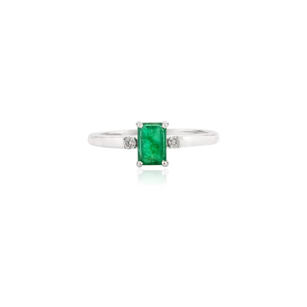 Custom Jewelry 14K Solid White Gold Natural Emerald & Diamond Handmade Ring