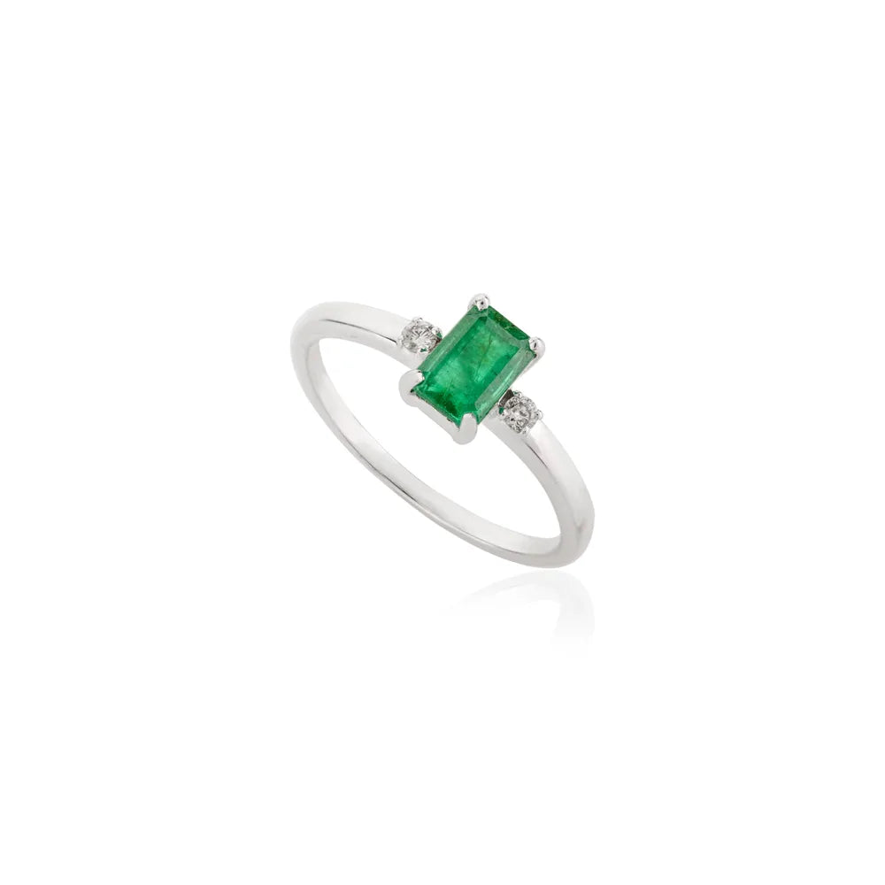 Custom Jewelry 14K Solid White Gold Natural Emerald & Diamond Handmade Ring