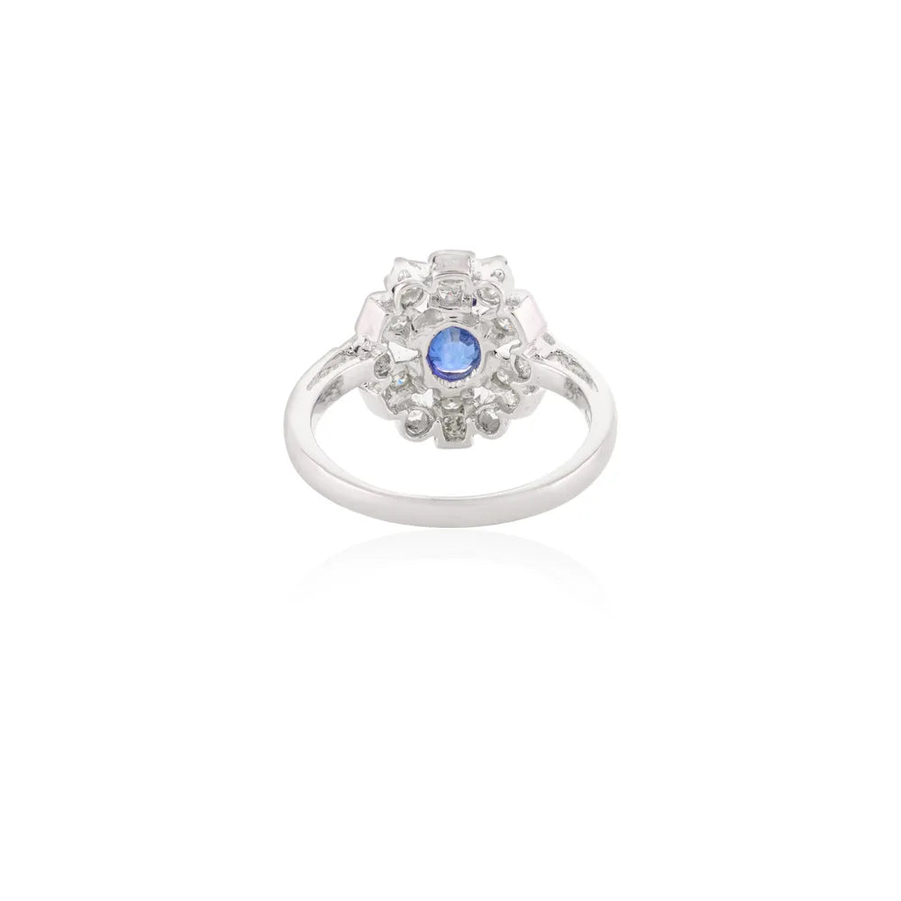 14K Solid White Gold Blue Sapphire and Halo Diamond Cluster Wedding Ring