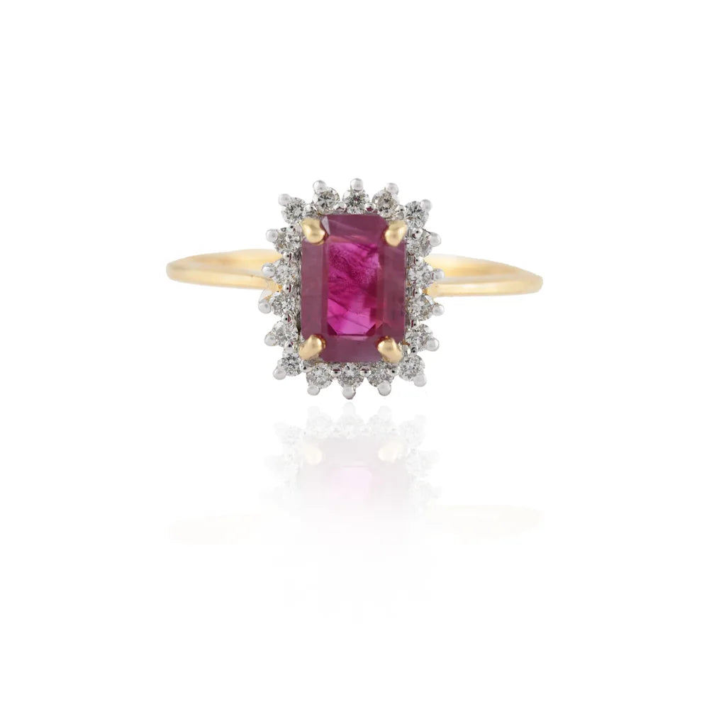 Natural Precious Gemstone Ruby & Diamond 14K Solid Yellow Gold Statement Ring