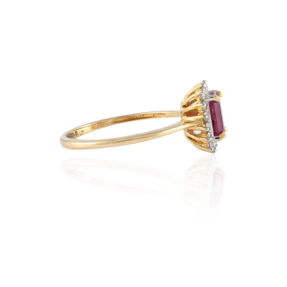Natural Precious Gemstone Ruby & Diamond 14K Solid Yellow Gold Statement Ring