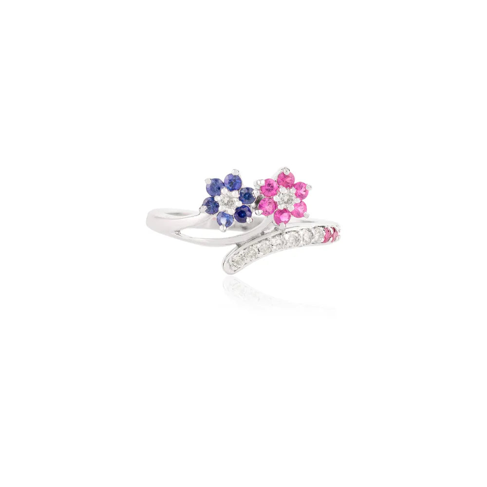 14k Solid White Gold Designer Blue Sapphire, Ruby & Diamond Wedding Ring