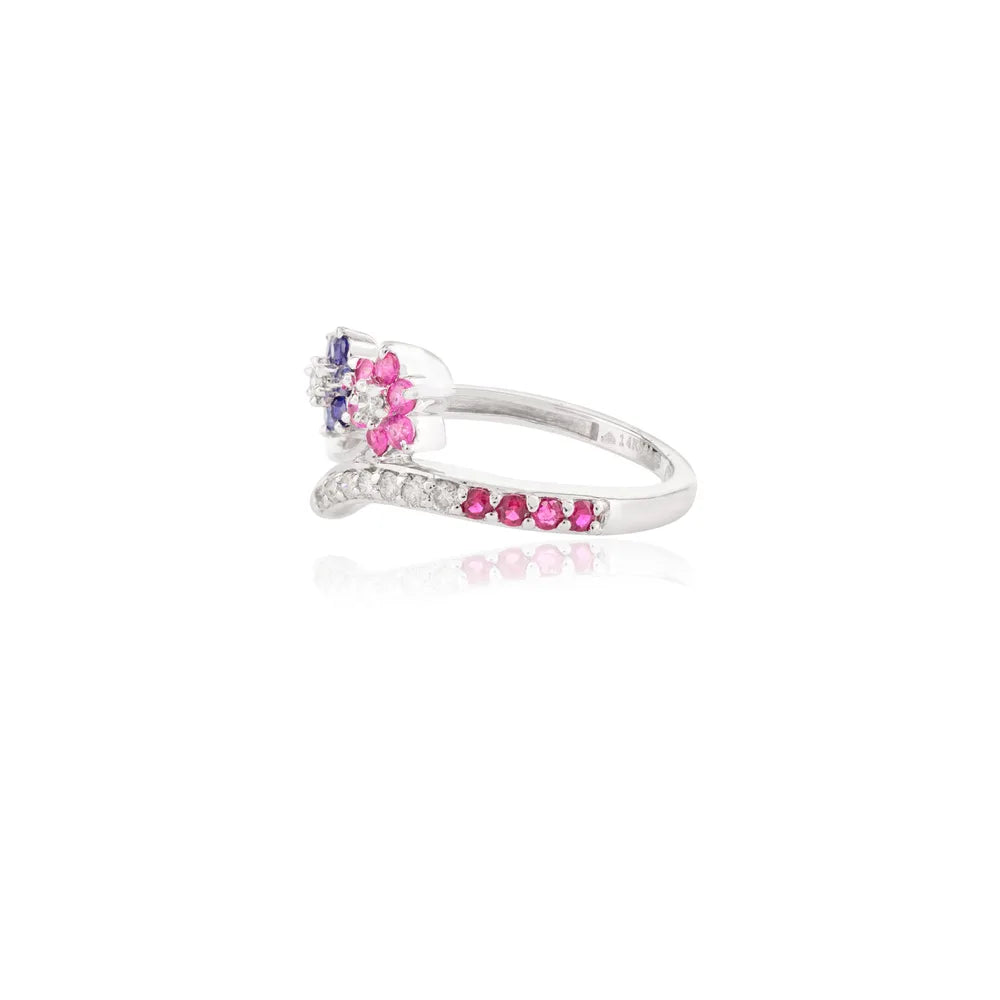 14k Solid White Gold Designer Blue Sapphire, Ruby & Diamond Wedding Ring