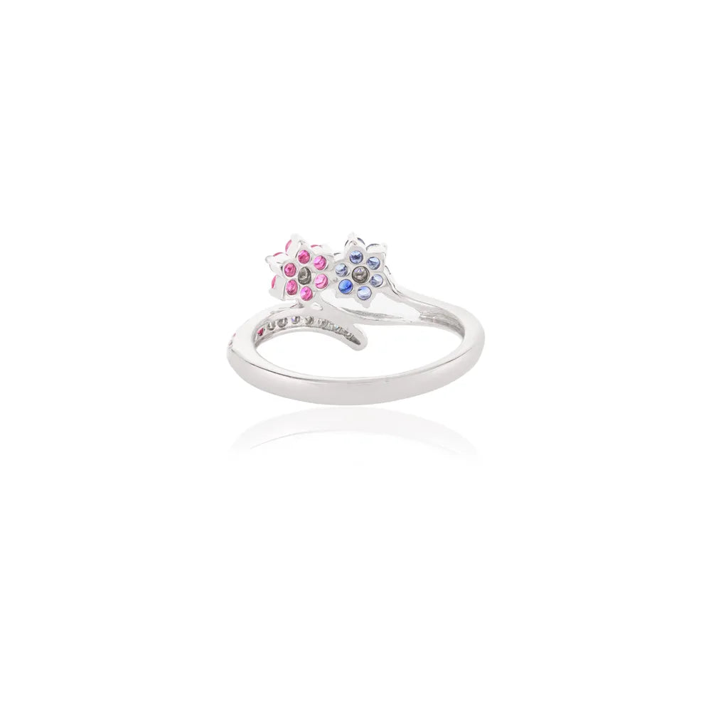 14k Solid White Gold Designer Blue Sapphire, Ruby & Diamond Wedding Ring