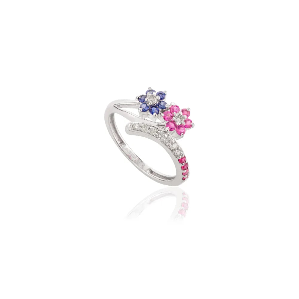 14k Solid White Gold Designer Blue Sapphire, Ruby & Diamond Wedding Ring