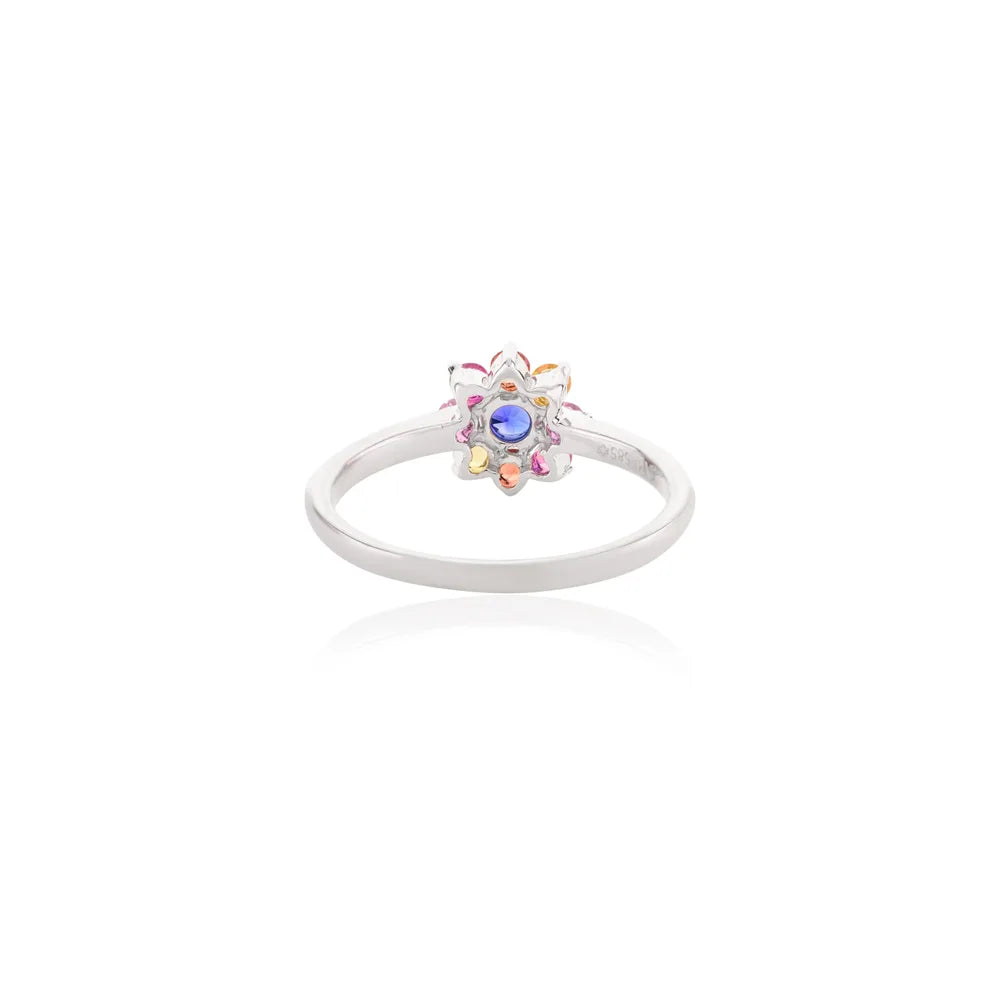 Everyday Jewelry 14K Solid White Gold Natural Multi Gemstone Flower Ring
