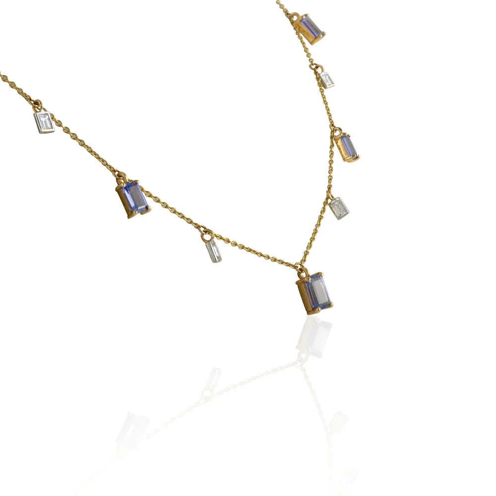 Gemstone Jewelry Natural Tanzanite & Diamond 14K Yellow Gold Long Chain Necklace