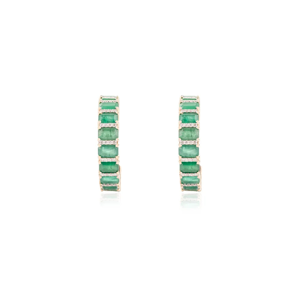 Octagon Shape 14K Solid Yellow Gold Natural Emerald & Diamond Hoop Earrings