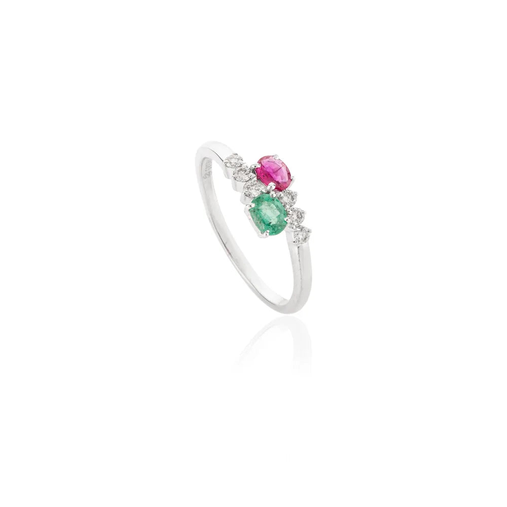 Bulk Jewelry 14K White Gold Emerald, Ruby & Diamond Handmade Bypass Ring