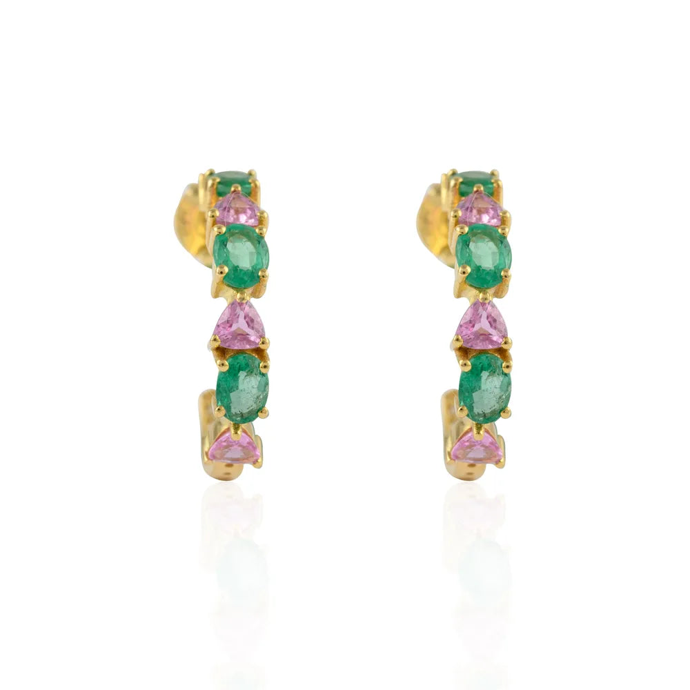 Fashionable Natural Emerald, Pink Sapphire And Diamond 14K Yellow Gold Hoop Earring