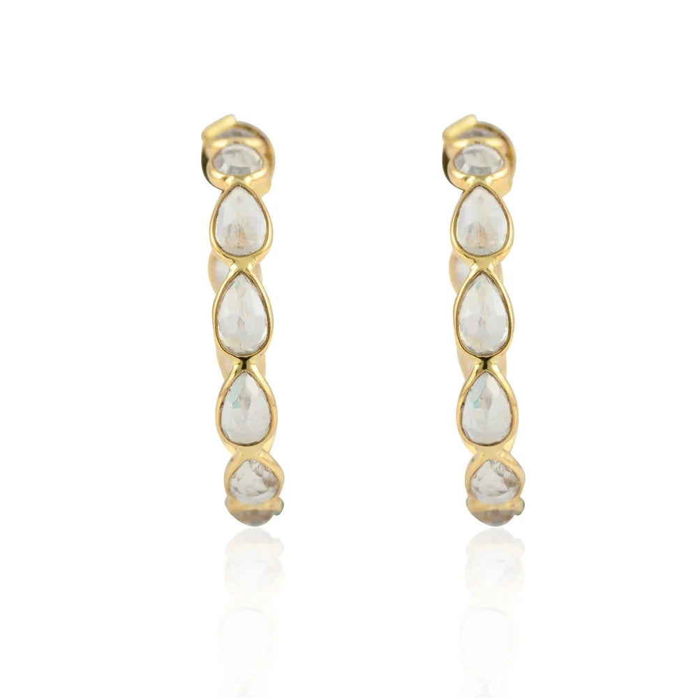 Fashionable 14K Solid Yellow Gold Natural Rainbow Moonstone C-Hoop Earring