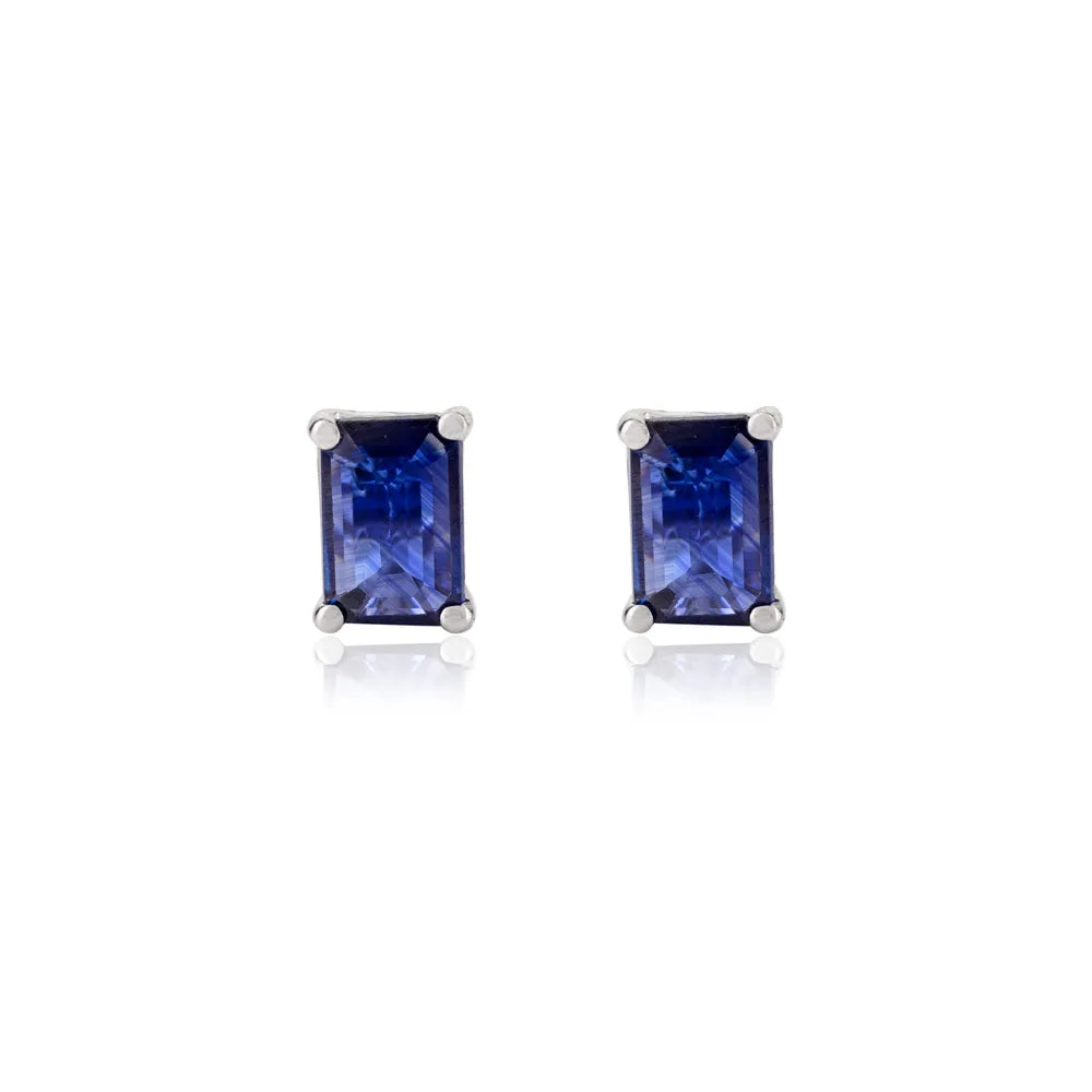 Baguette Shape Handmade Blue Sapphire Solid 14K White Gold Stud Earrings