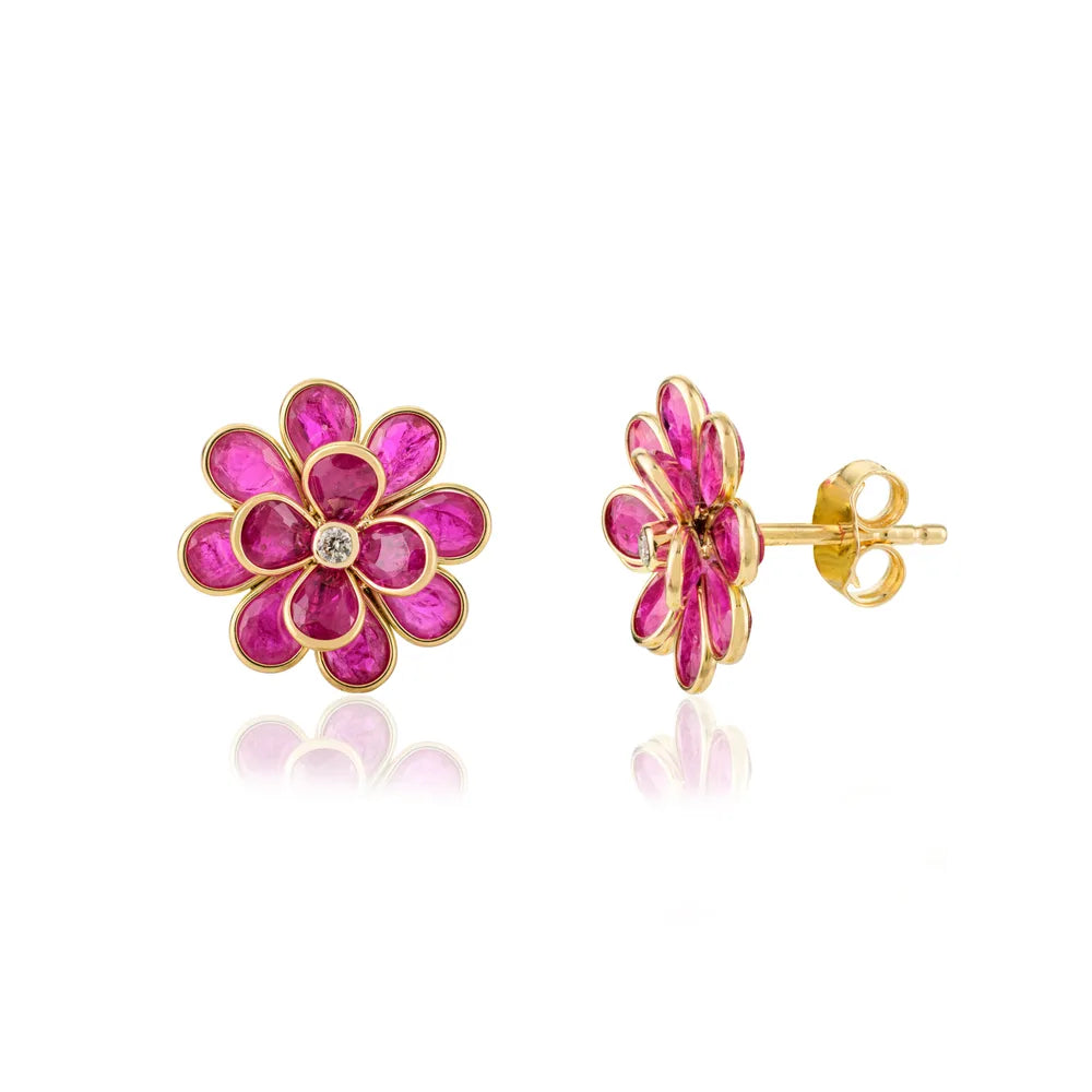 18K Solid Yellow Gold Ruby & Diamond Flower Stud Earrings Birthstone Jewelry