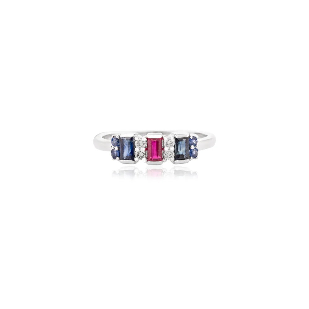 Birthstone Jewelry Natural Ruby, Sapphire & Diamond 14K Solid White Gold Ring