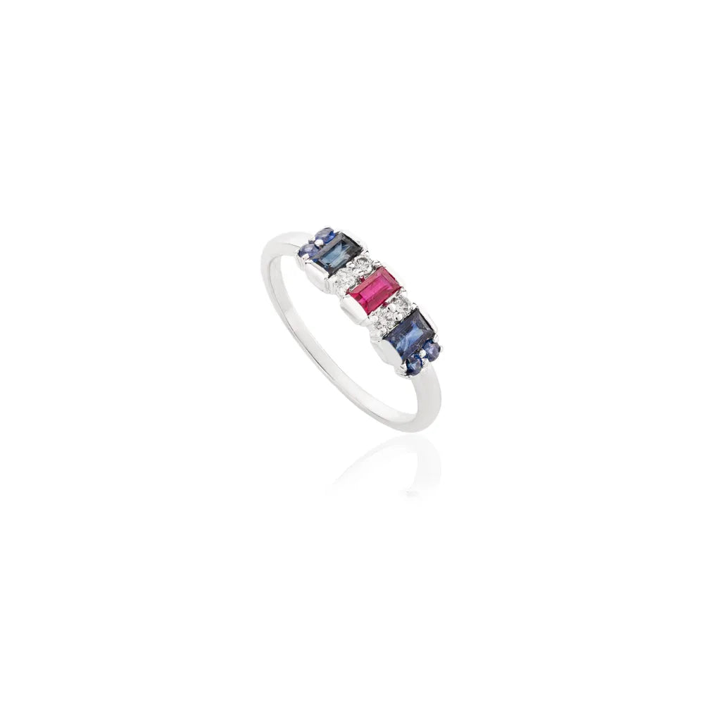 Birthstone Jewelry Natural Ruby, Sapphire & Diamond 14K Solid White Gold Ring