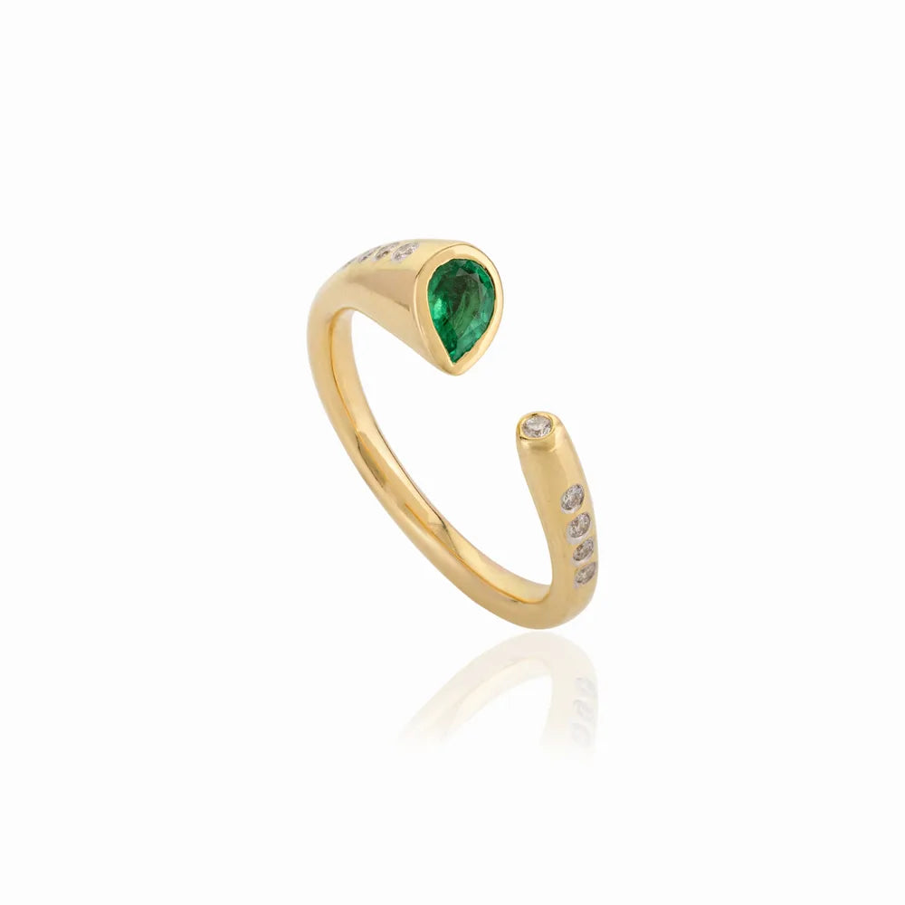 Best Quality Product Natural Emerald & Diamond 14K Yellow Gold Open Band Ring