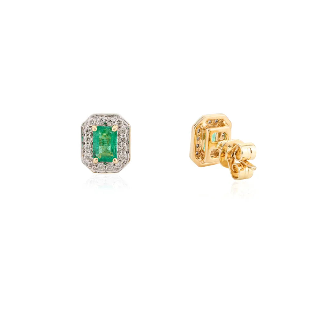 Bulk Jewelry Emerald & Diamond Solid 14K Yellow Gold Stud Earrings