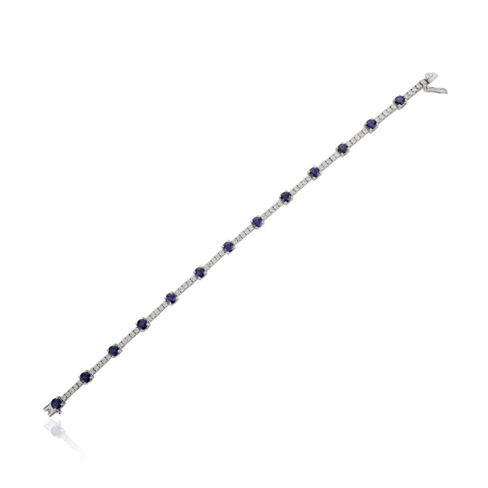 100% Natural Blue Sapphire & Diamond Solid 18K White Gold Tennis Bracelet