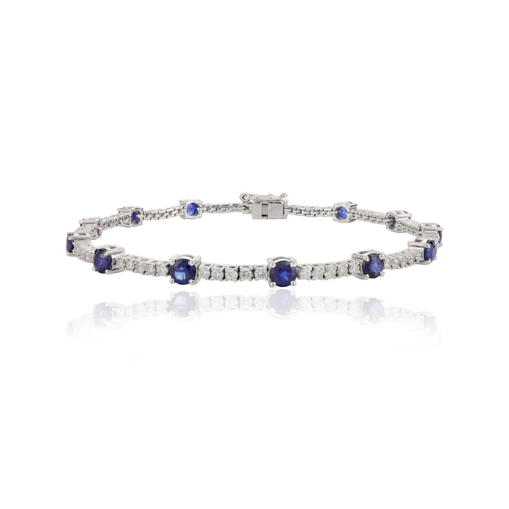 100% Natural Blue Sapphire & Diamond Solid 18K White Gold Tennis Bracelet
