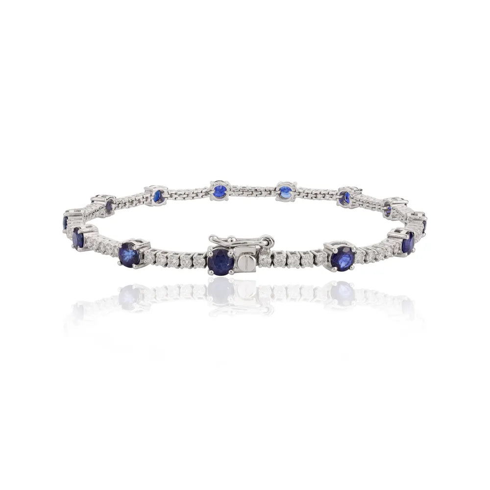 100% Natural Blue Sapphire & Diamond Solid 18K White Gold Tennis Bracelet