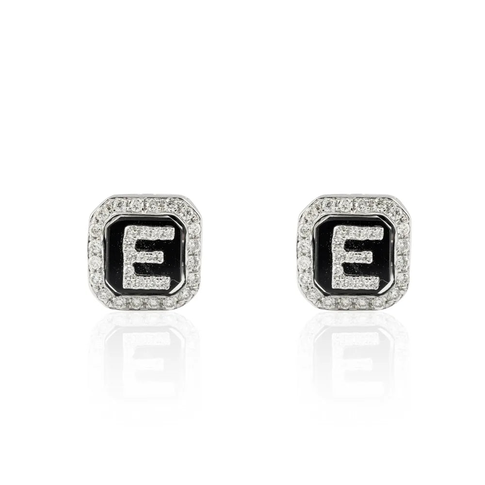 Minimal Jewelry 18K White Gold Natural Diamond Enamel E Initial Pushback Studs Earring