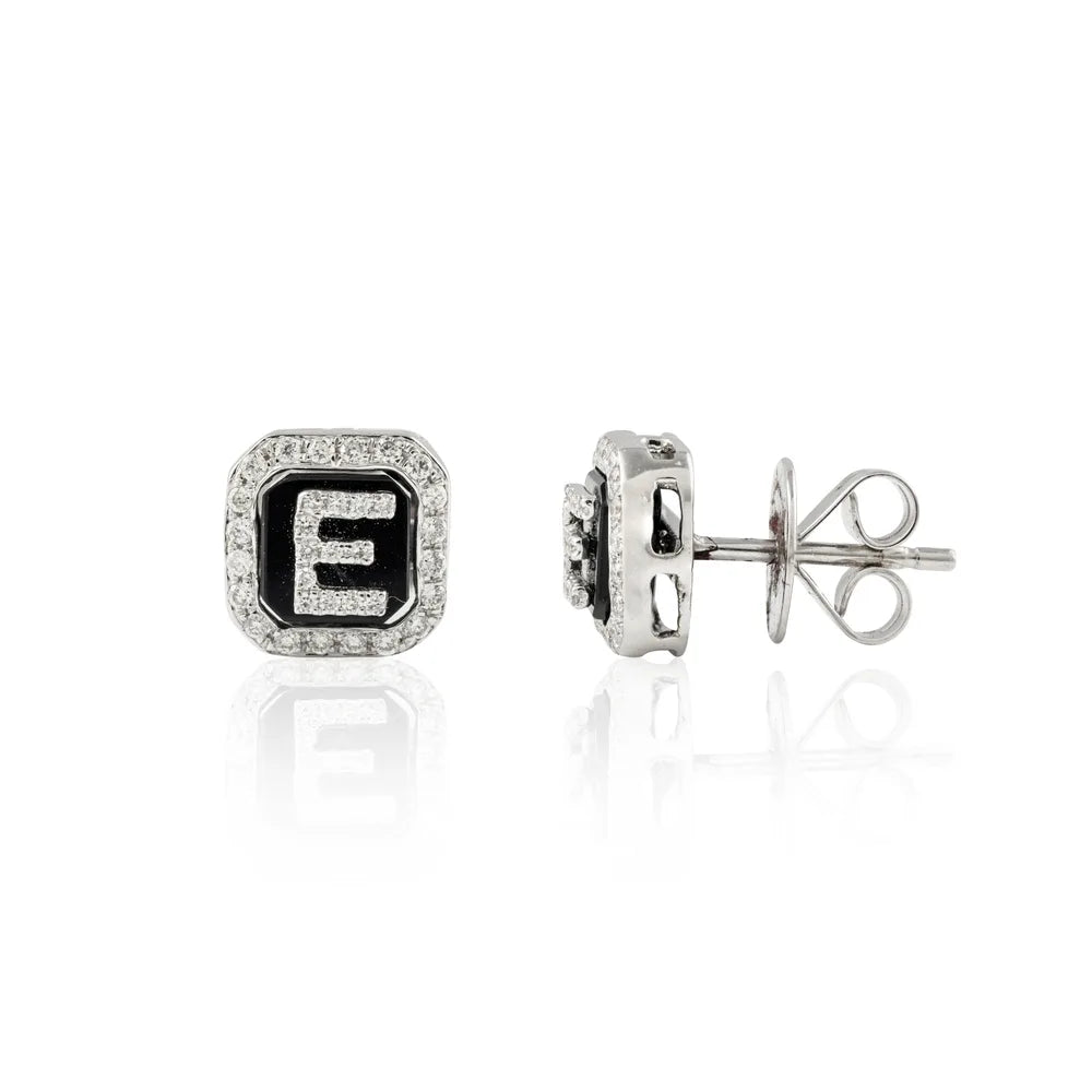Minimal Jewelry 18K White Gold Natural Diamond Enamel E Initial Pushback Studs Earring