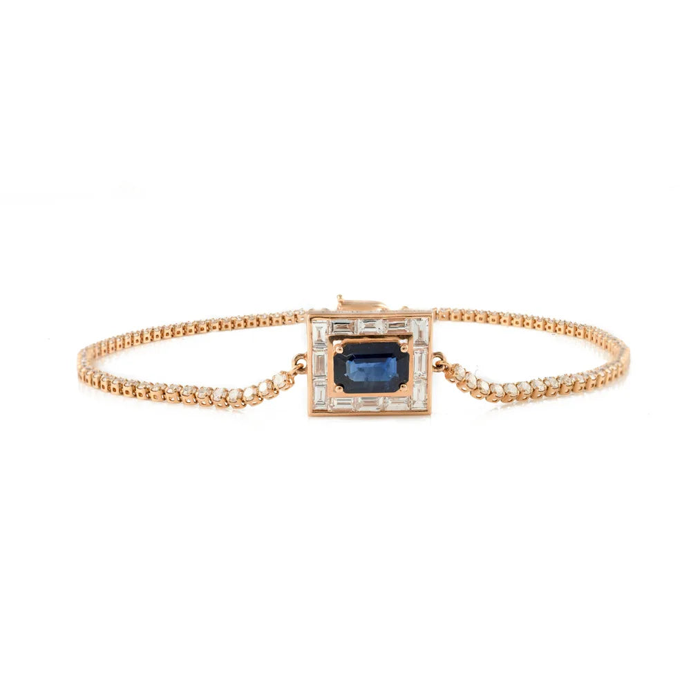 Minimal Jewelry Natural Blue Sapphire & Diamond 14K Rose Gold Stylish & Unique Bracelet