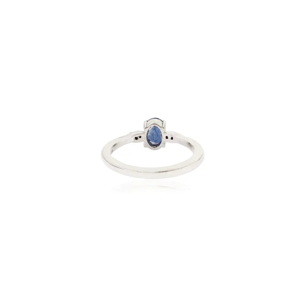 Prong Set 925 Silver Authentic Single Stone Blue Sapphire & Round Cut Diamond Ring