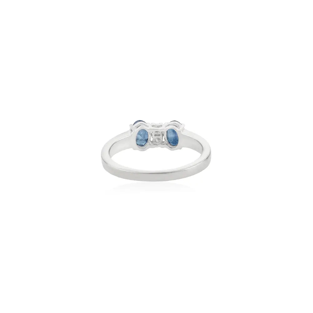 Best Selling Two Stone Natural Oval Blue Sapphire & Round Diamond 925 Silver Ring