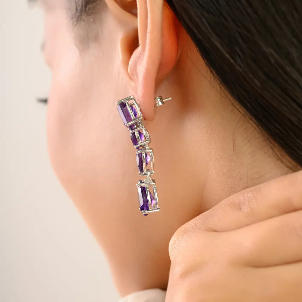 925 Sterling Silver Mixed-Cut Amethyst Drop Earrings With Push Back