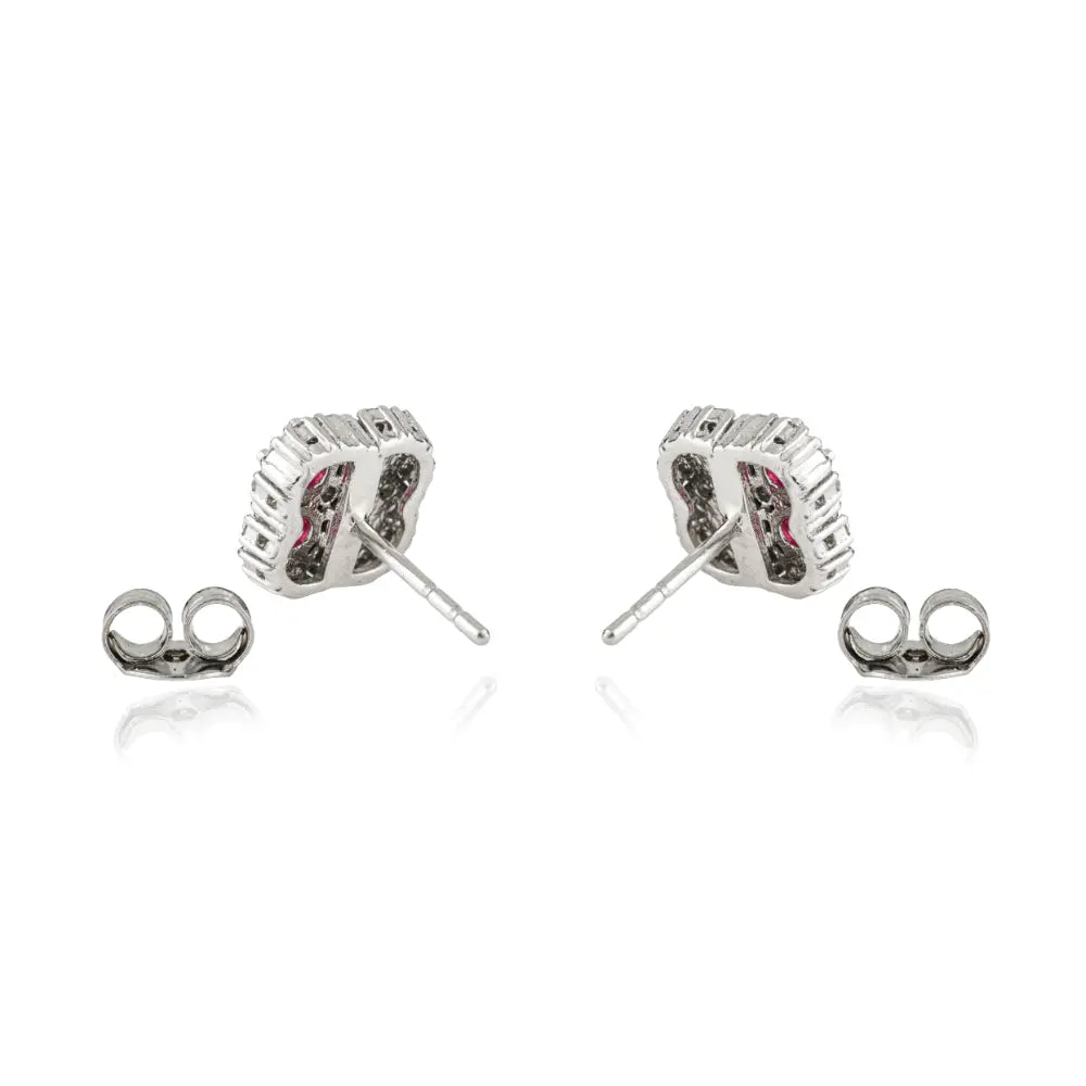 Cluster Design Ruby & Diamond Stud Earrings in Sterling Silver