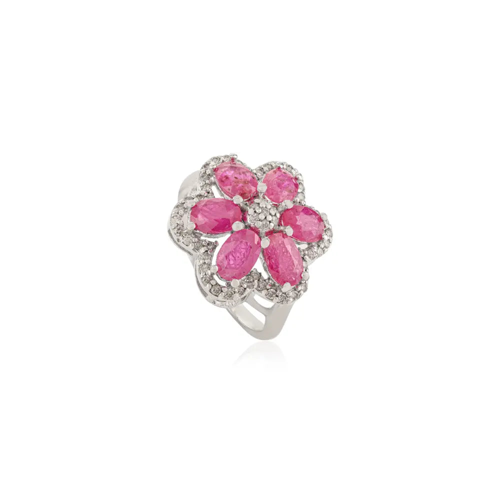 Natural Ruby and Diamond Floral Ring in 925 Sterling Silver