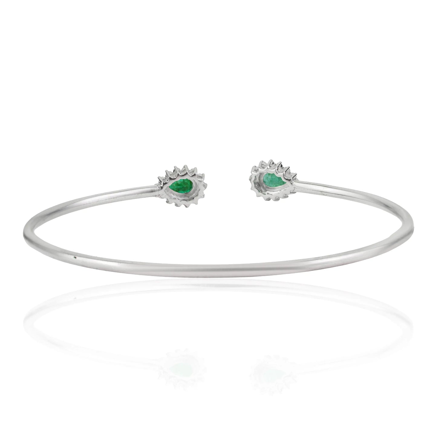 May Birthstone 925 Sterling Silver Natural Pear Cut Emerald & Diamond Open Cuff Bangle
