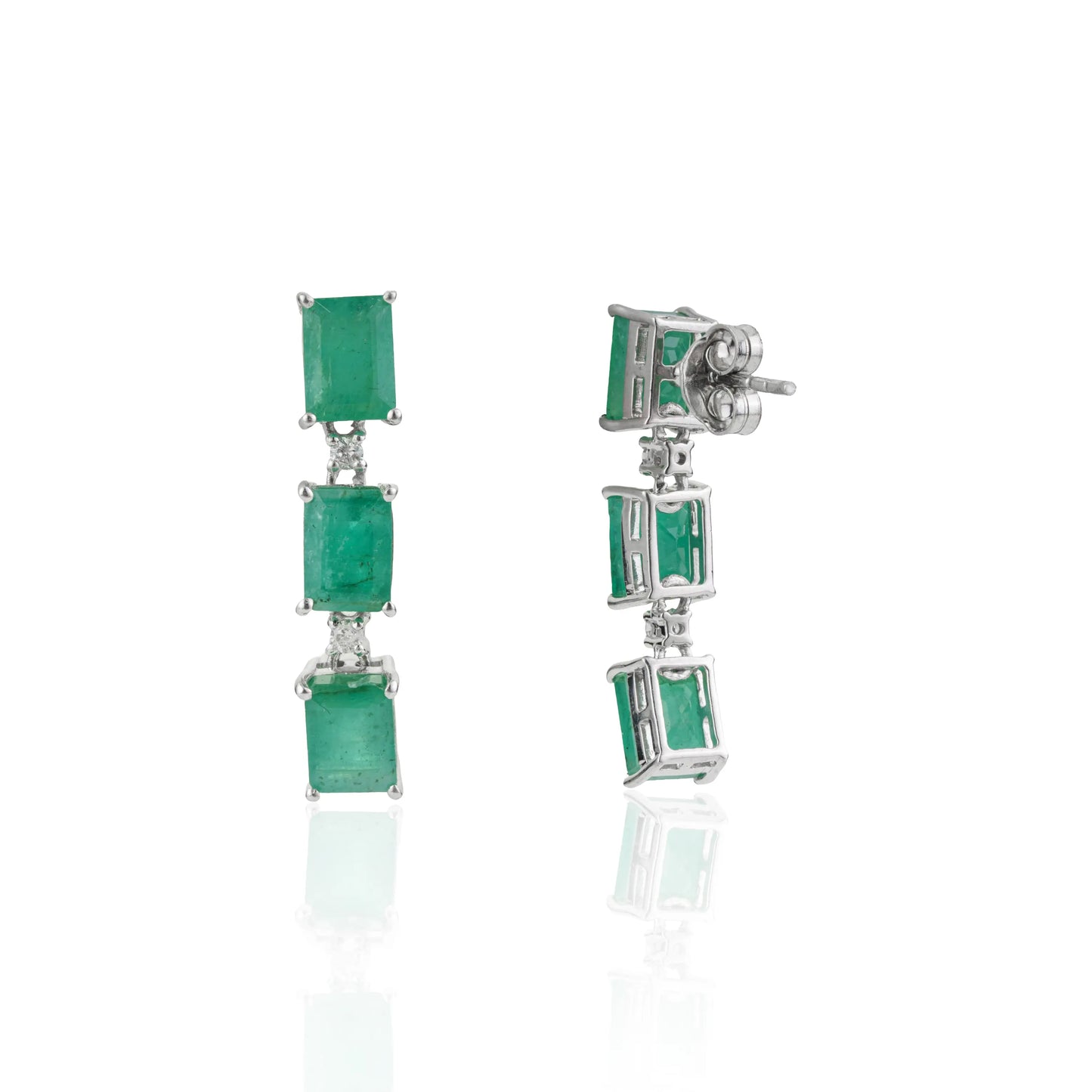 5x6 mm Octagon Cut 100% Genuine Emerald & Diamond Dangle Earrings in 925 Sterling Silver