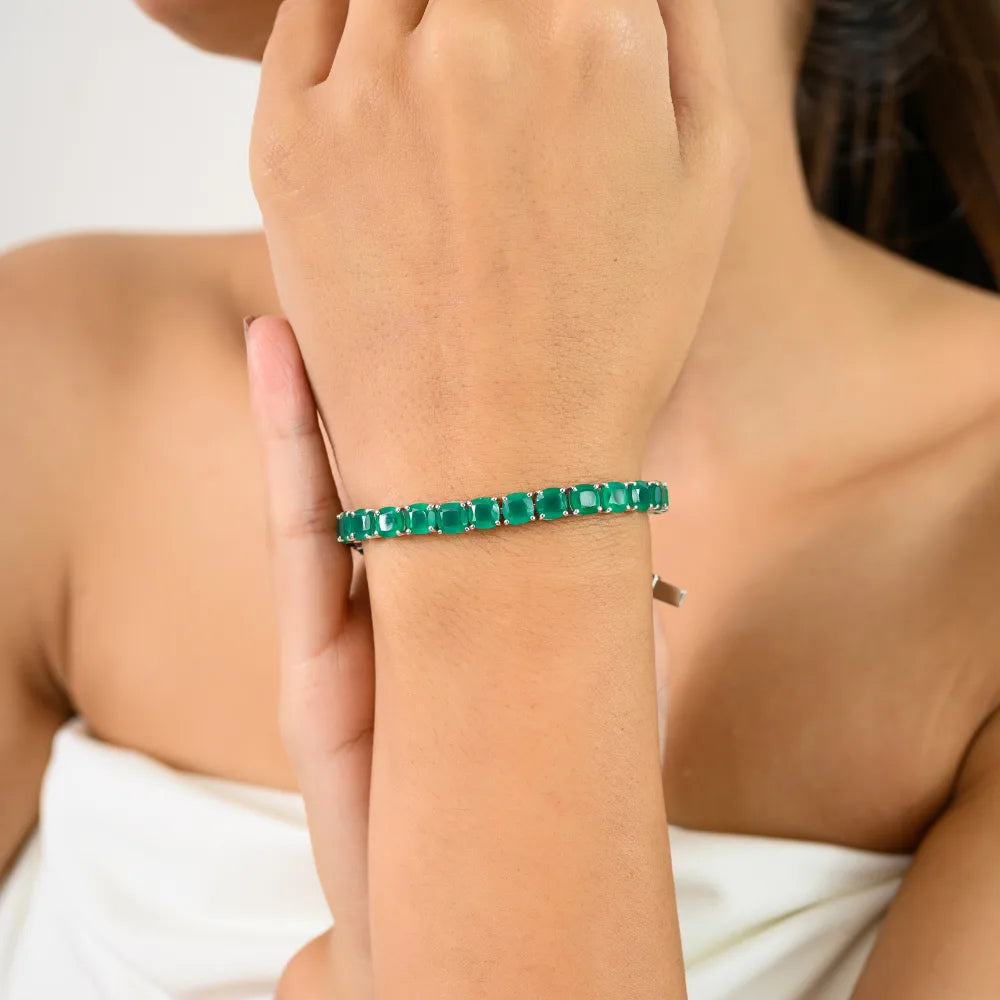 Square Shape Genuine Green Emerald Tennis Bracelet For Women Prong Setting Gemstone Jewelry