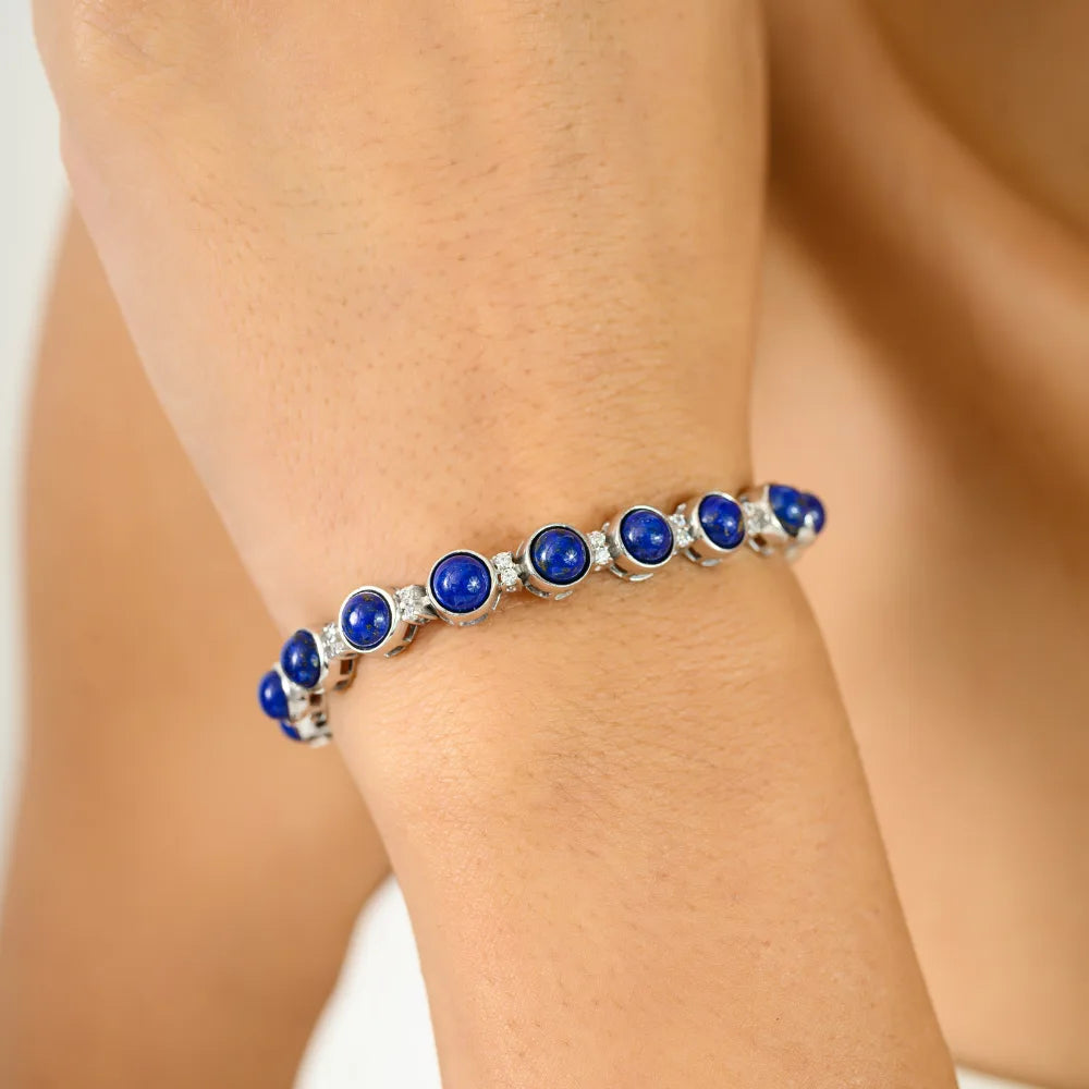 100% Authentic Blue Lapis & American Diamond Tennis Bracelet For Birthday Gift Customized Silver Jewelry