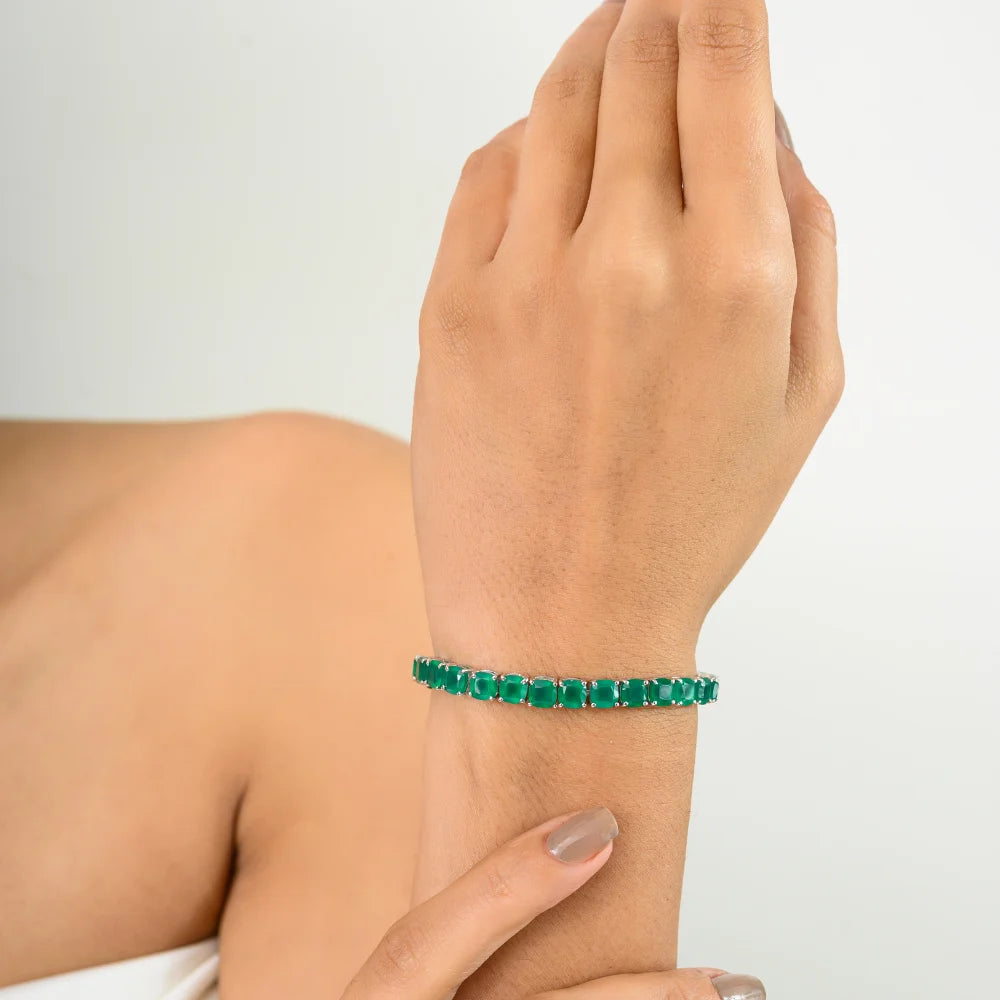 Square Shape Genuine Green Emerald Tennis Bracelet For Women Prong Setting Gemstone Jewelry