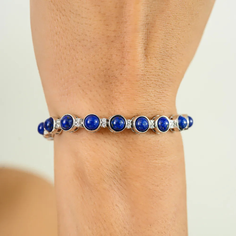 100% Authentic Blue Lapis & American Diamond Tennis Bracelet For Birthday Gift Customized Silver Jewelry